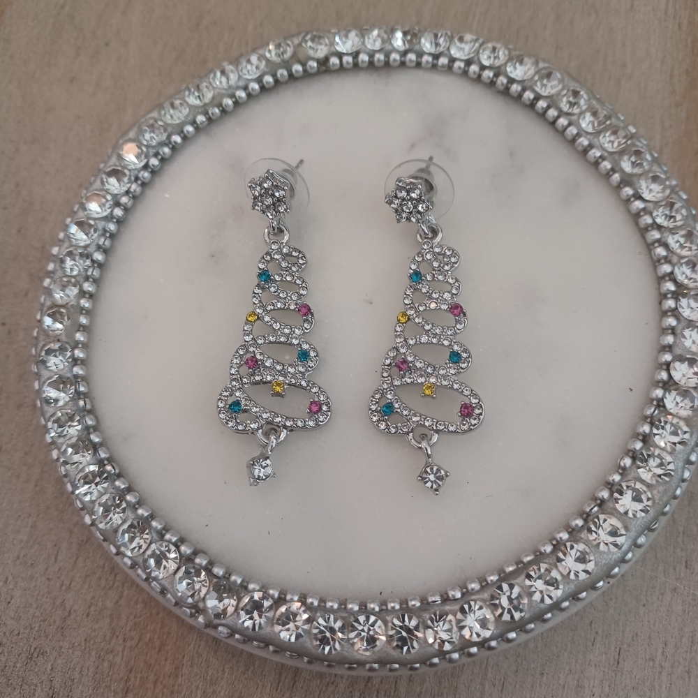 Silver Rhinestone Christmas Tree Star Drop Stud Earrings - Picture 5 of 7